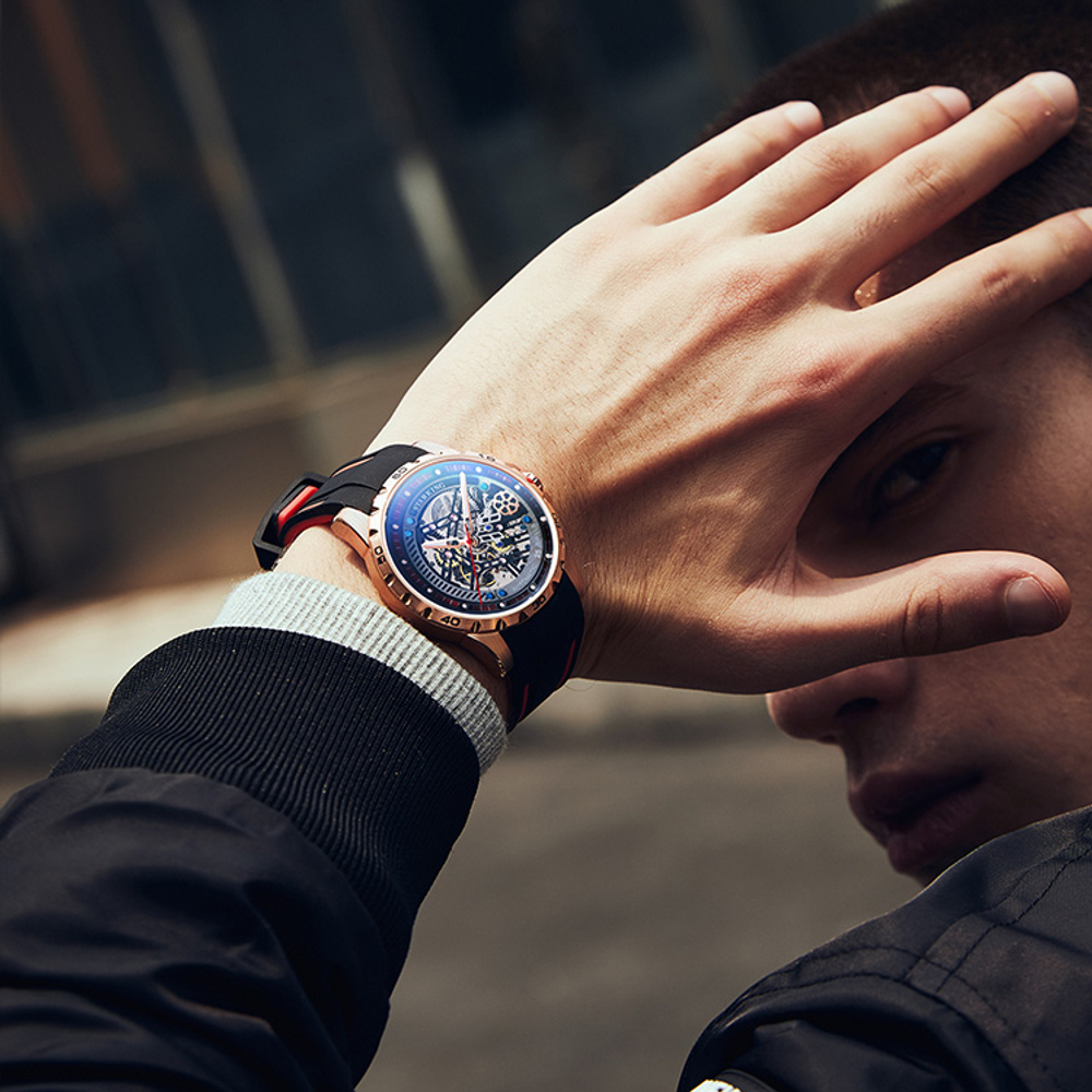 STARKING Automatic Mechanical Movement Rubber Strap Watch Men"s Watches Black Dial 50 meter Water Resistance