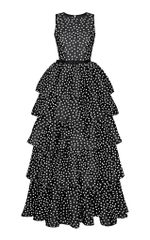 Платье макси из органзы в горох с объемной юбкой с рюшами и поясом