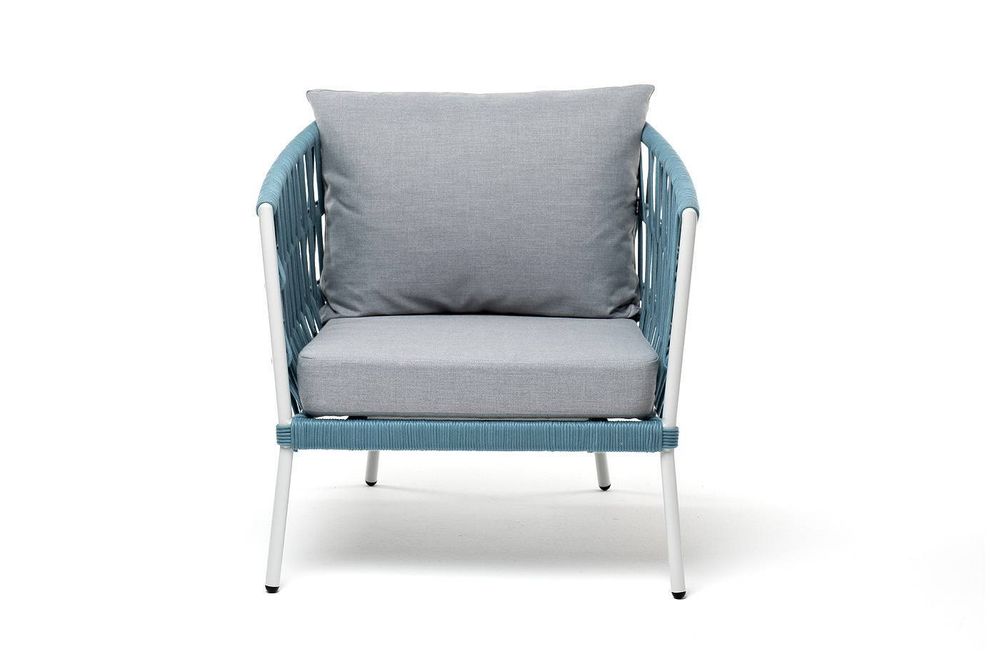 "Диего" кресло плетеное из роупа, каркас алюминий светло-серый (RAL7035) муар, роуп бирюзовый круглый, ткань светло-серая