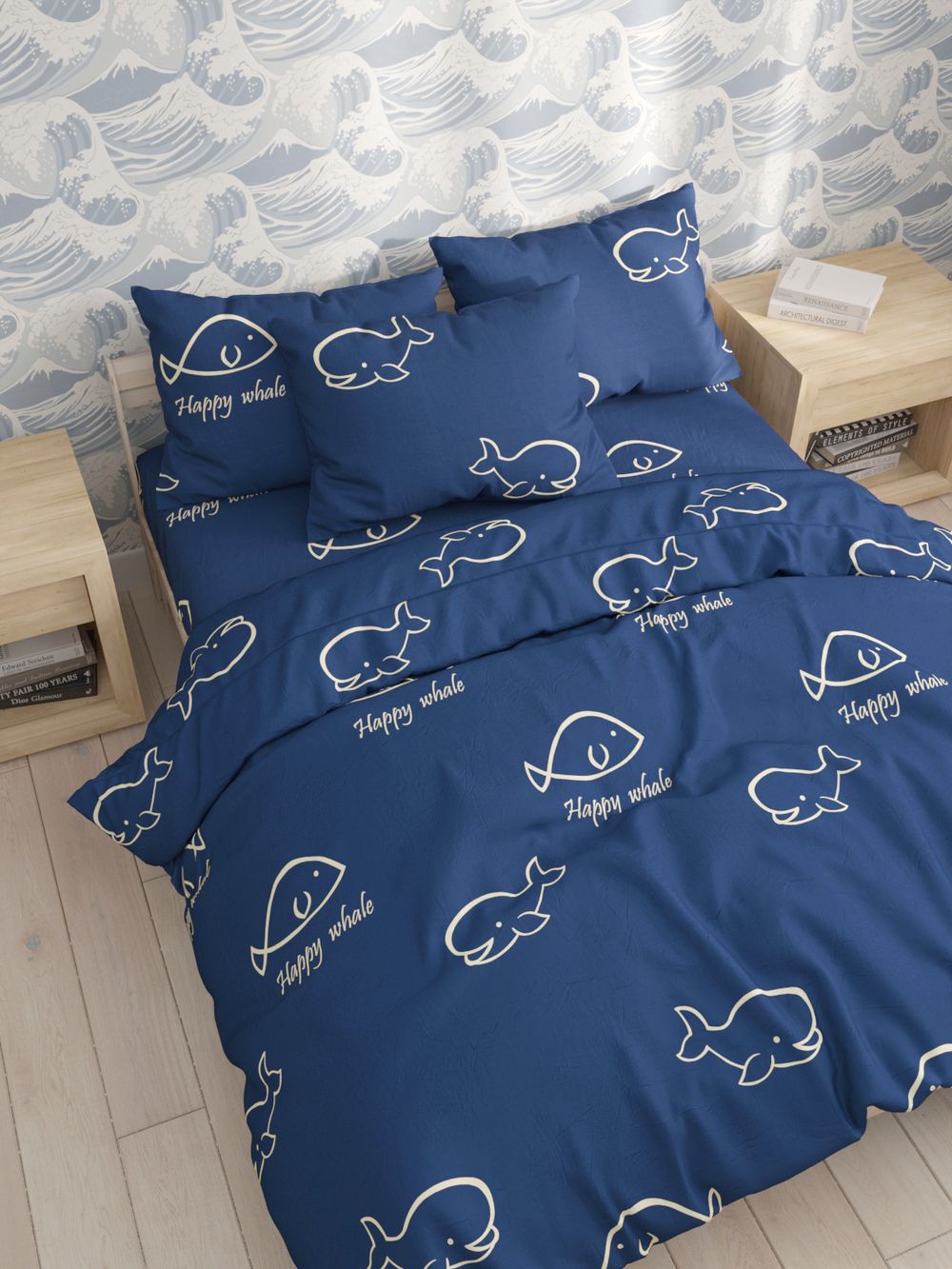 Простынь на резинке Сказка "Киты" 90х200 см, перкаль