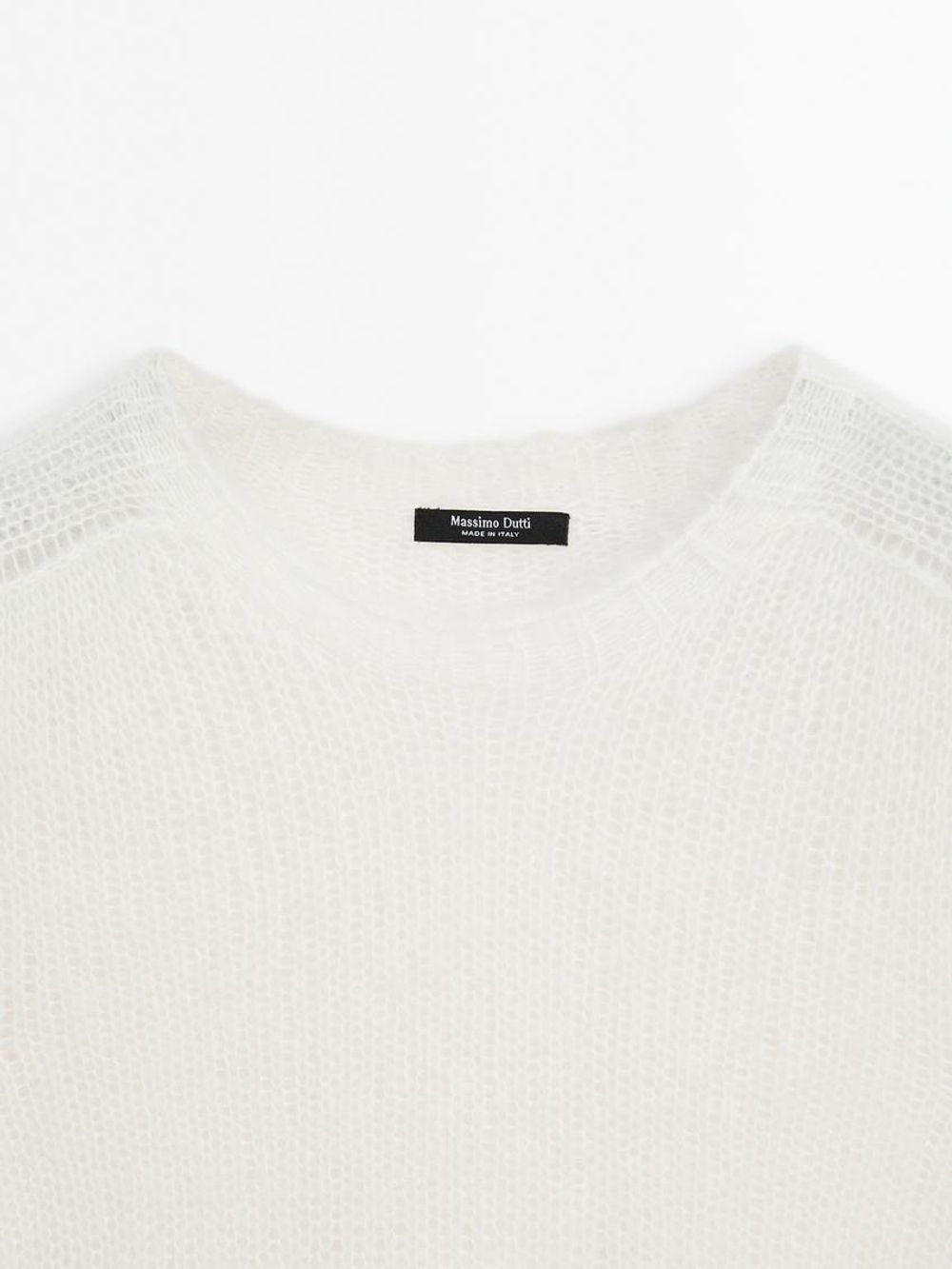 Massimo Dutti Трикотажный свитер из смесовой альпаки с короткими рукавами, натуральный, кремовый