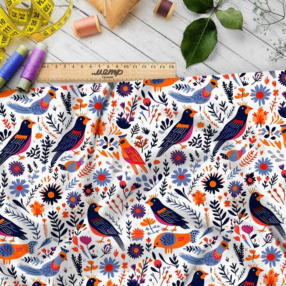 Ткань премиум шелк искусственный Армани сказочные птахи