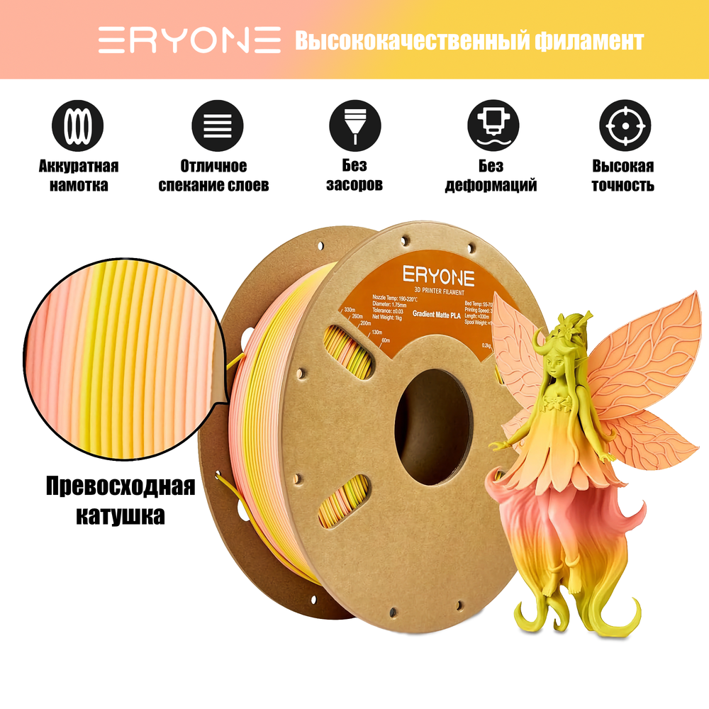 Пластик Eryone Matte Gradient Multi-Color PLA 1.75mm 1kg Finanxue-pink & yellow-green