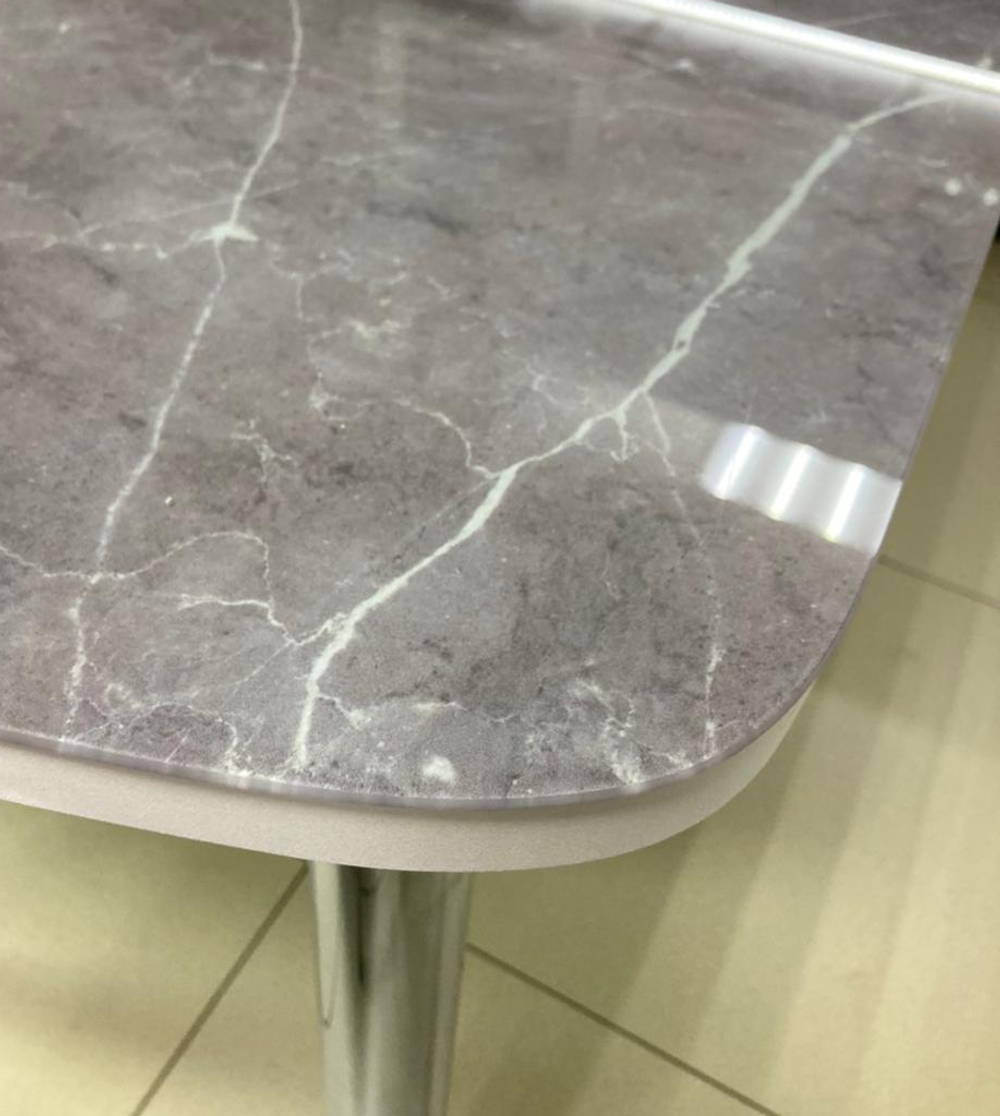 Стол раздвижной стеклянный подстолье прямое хром Царг.пояс белый Ст-ца мрамор серый (белый) ф/п