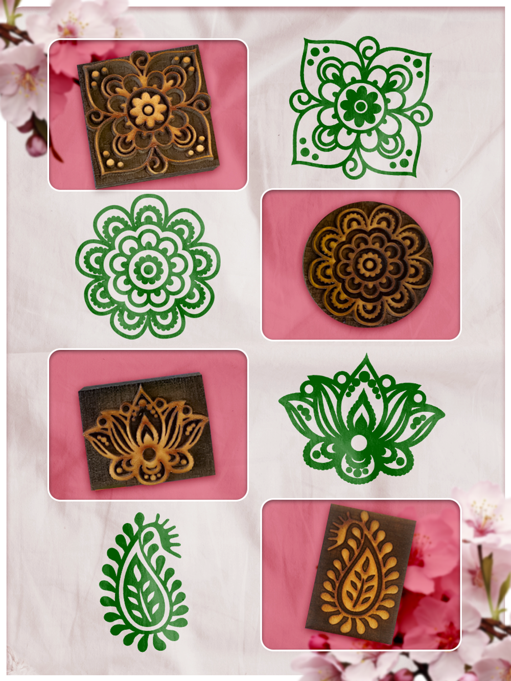 Комбо деревянные штампы 073, 083, 084, 085 + травяная по ткани 20 мл