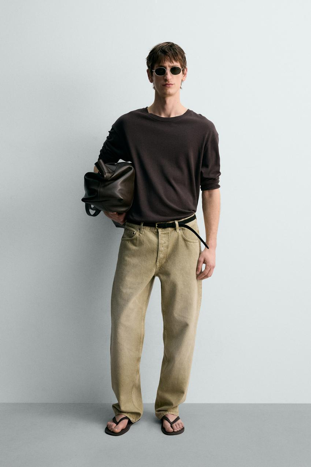 ZARA ФУТБОЛКА ИЗ ХЛОПКА И ЛЬНА, КОРИЧНЕВЫЙ