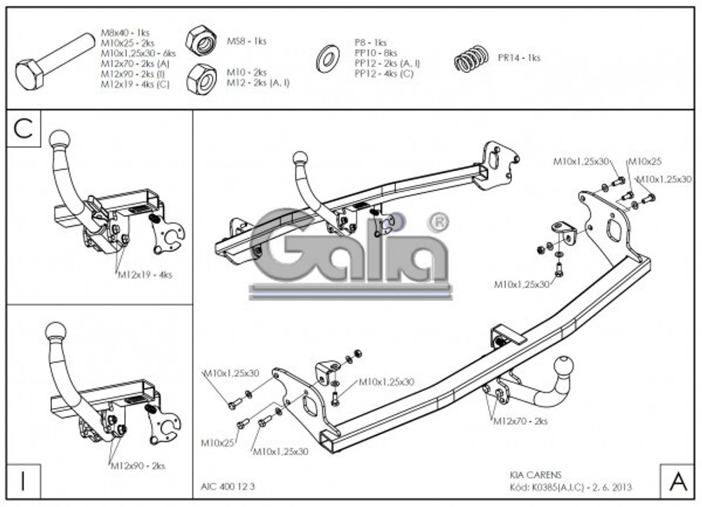Фаркоп оцинкованный Galia K038A для Kia Carens 2013-(паспорт и сертификат в комплекте)(без электрики)