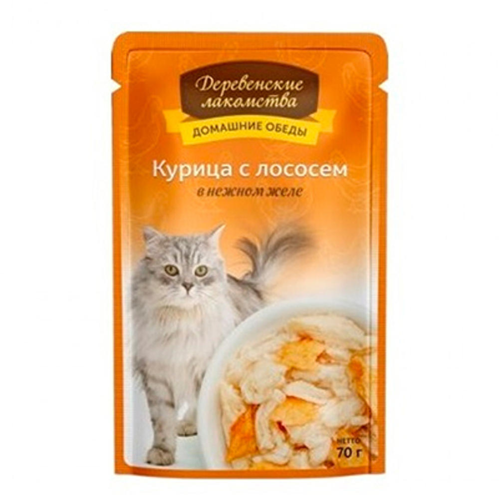 Деревенские Лакомства Пауч для кошек Курица с Лососем в желе, 70гр