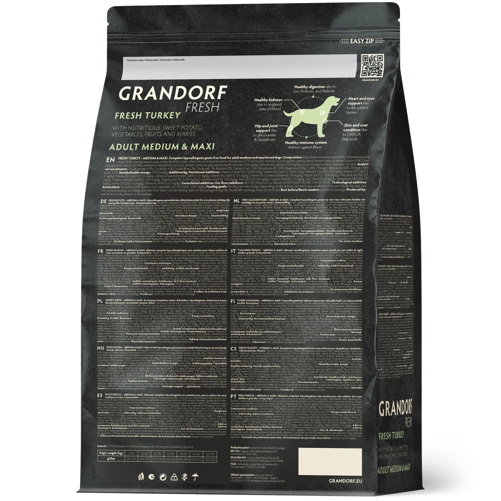 Grandorf Fresh, Fresh Turkey, Adult Medium & Maxi для собак средних и крупных пород (Свежее мясо индейки с бататом)