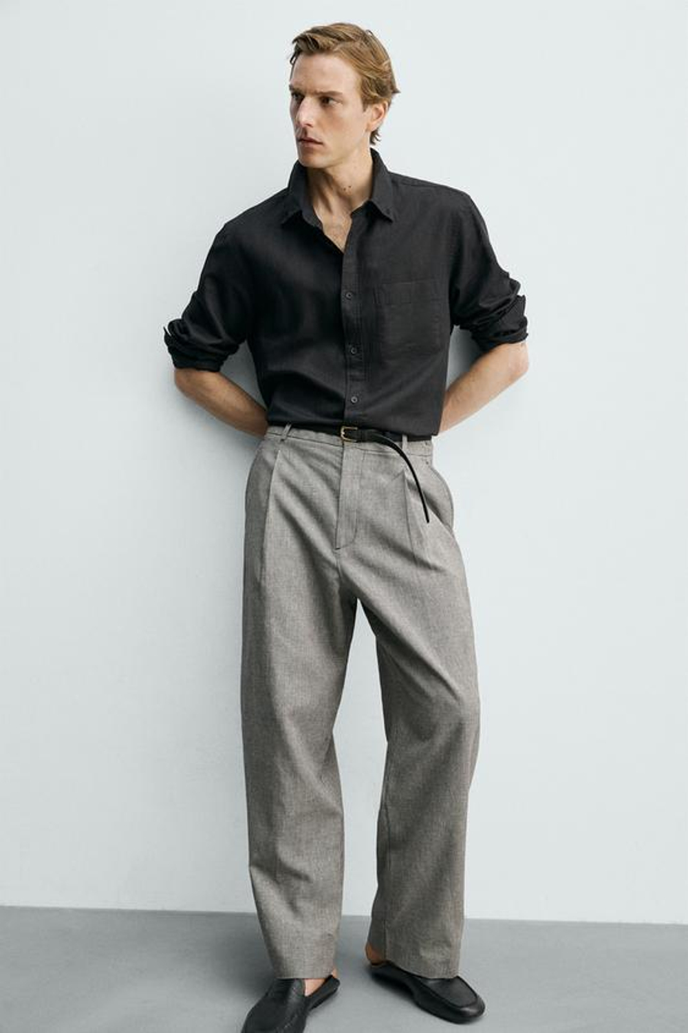 ZARA БРЮКИ RELAXED FIT ИЗО ЛЬНА И ХЛОПКА, ЭКРЮ/ЧЕРНЫЙ
