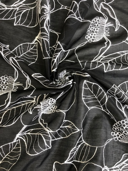Вуаль с вышивкой цветы, белая нить на черном TENCEL