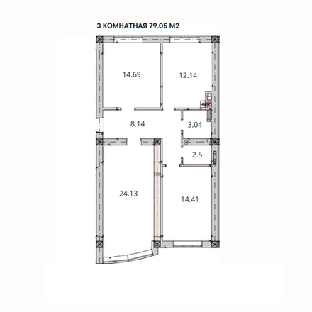 3-комн. квартира, 79,05м²; 2,3 этаж