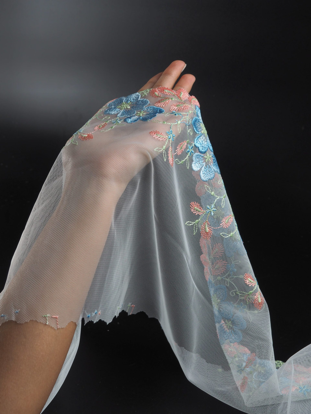 Вышивка на сетке светло-голубая с мультиколор ширина 22 см ОТРЕЗЫ