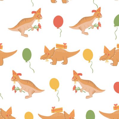 Праздничный динозавры в колпаке с подарком