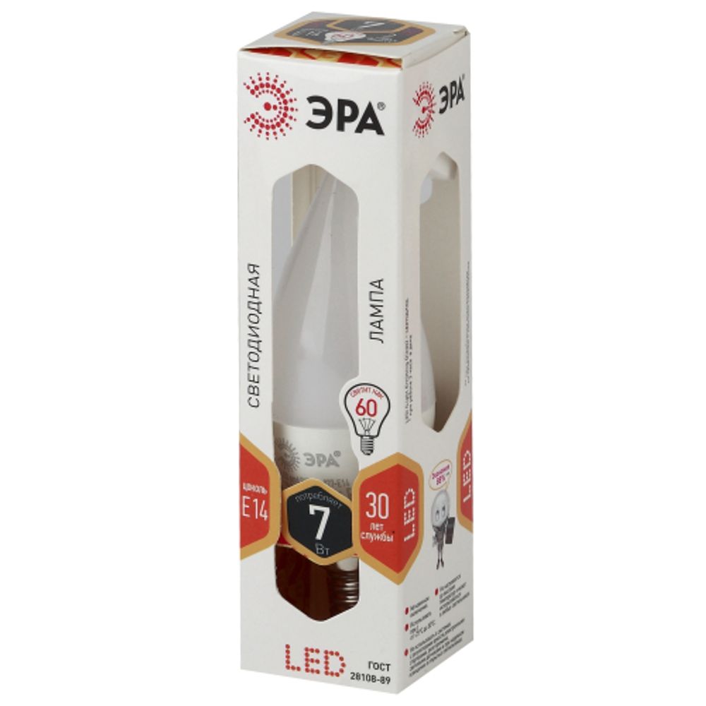Лампа светодиодная ЭРА STD LED BXS-7W-827-E14 7Вт свеча на ветру теплый белый свет Е14 | Лампы cветодиодные Свеча (B/C)