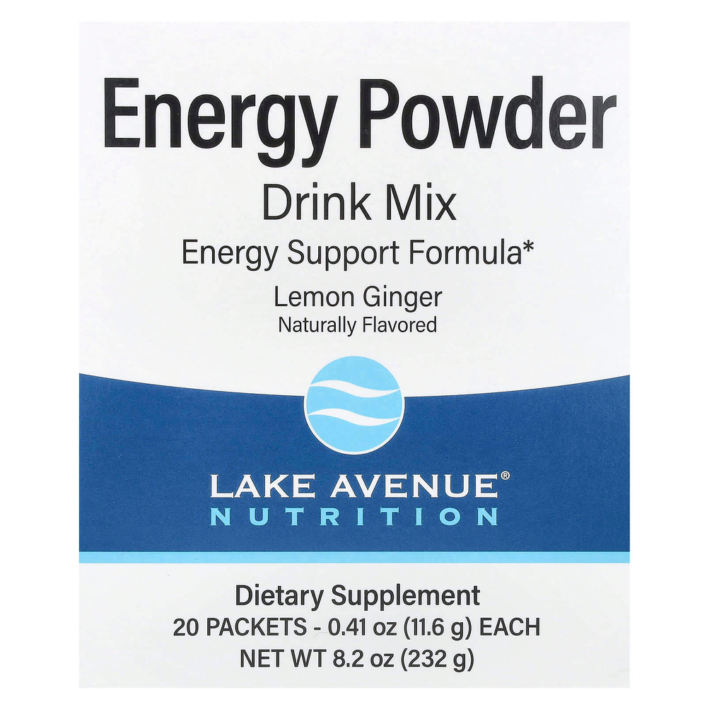 Lake Avenue Nutrition, энергетическая порошковая смесь для приготовления напитка с калием, натрием, кофеином и витамином C, лимон и имбирь, 20 пакетиков по 11,6 г (0,41 унции)
