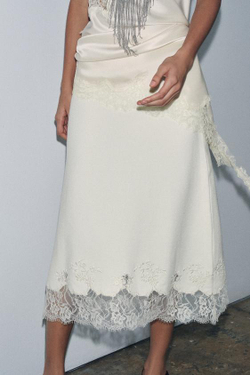 ZARA ТРИКОТАЖНАЯ ЮБКА МИДИ С БУСИНАМИ И КРУЖЕВОМ, ЭКРЮ