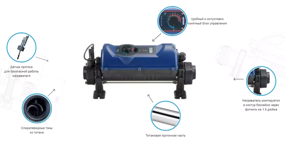 Электронагреватель для бассейна - 15кВт, 380В, подкл. ВР1½" / 50мм, 0-45 С°, IP44 - Flowline 2 Titan - Elecro, Великобритания