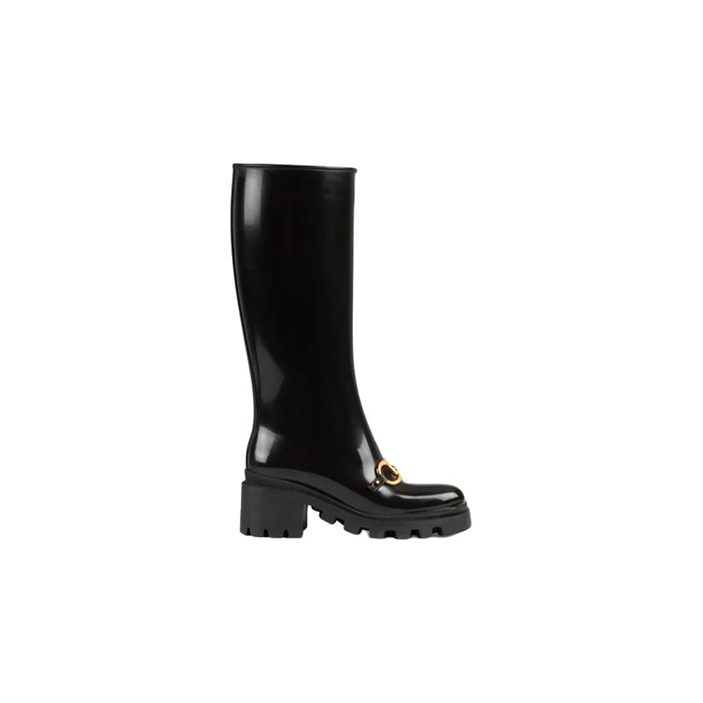 GUCCI Horsebit Knee High Boot Black Rubber Women"s