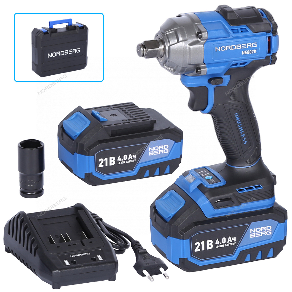 Гайковерт аккумуляторный, 1/2", 21 В, 500 Нм, 2 аккумулятора 4 A и зарядное устройство, в кейсе NORDBERG NE802K