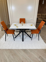 Кухонный раскладной стол "Монако" из керамогранита, белый мрамор и 4 стула ТРОПИК