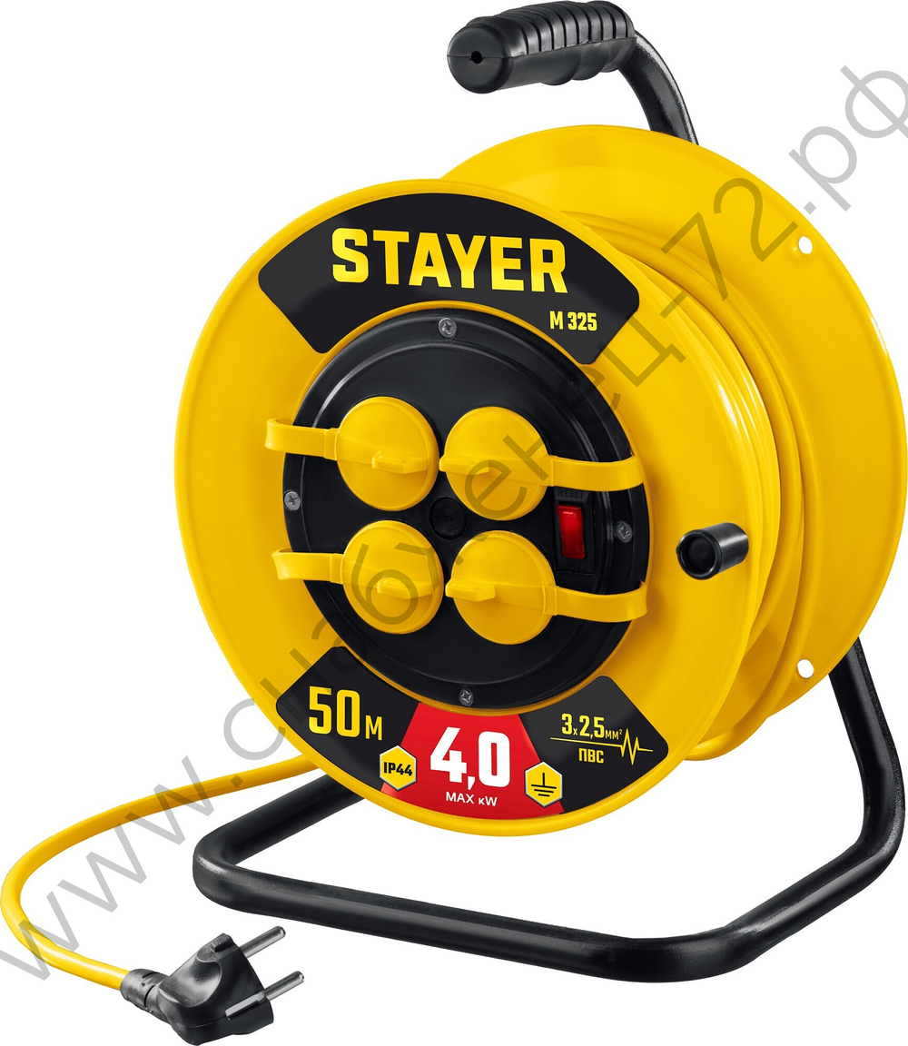 STAYER М-325 ПВС 3х2.5 50м 4000Вт IP44, Силовой удлинитель на катушке (55064-50)
