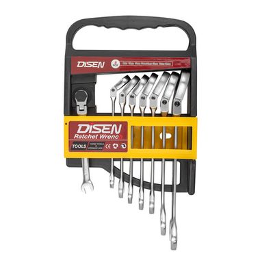 Набор ключей трещоточных с шарниром 8пр.(8,10,12,13,14,15,17,19мм),в пластиковом держателе DISEN DSD1512F