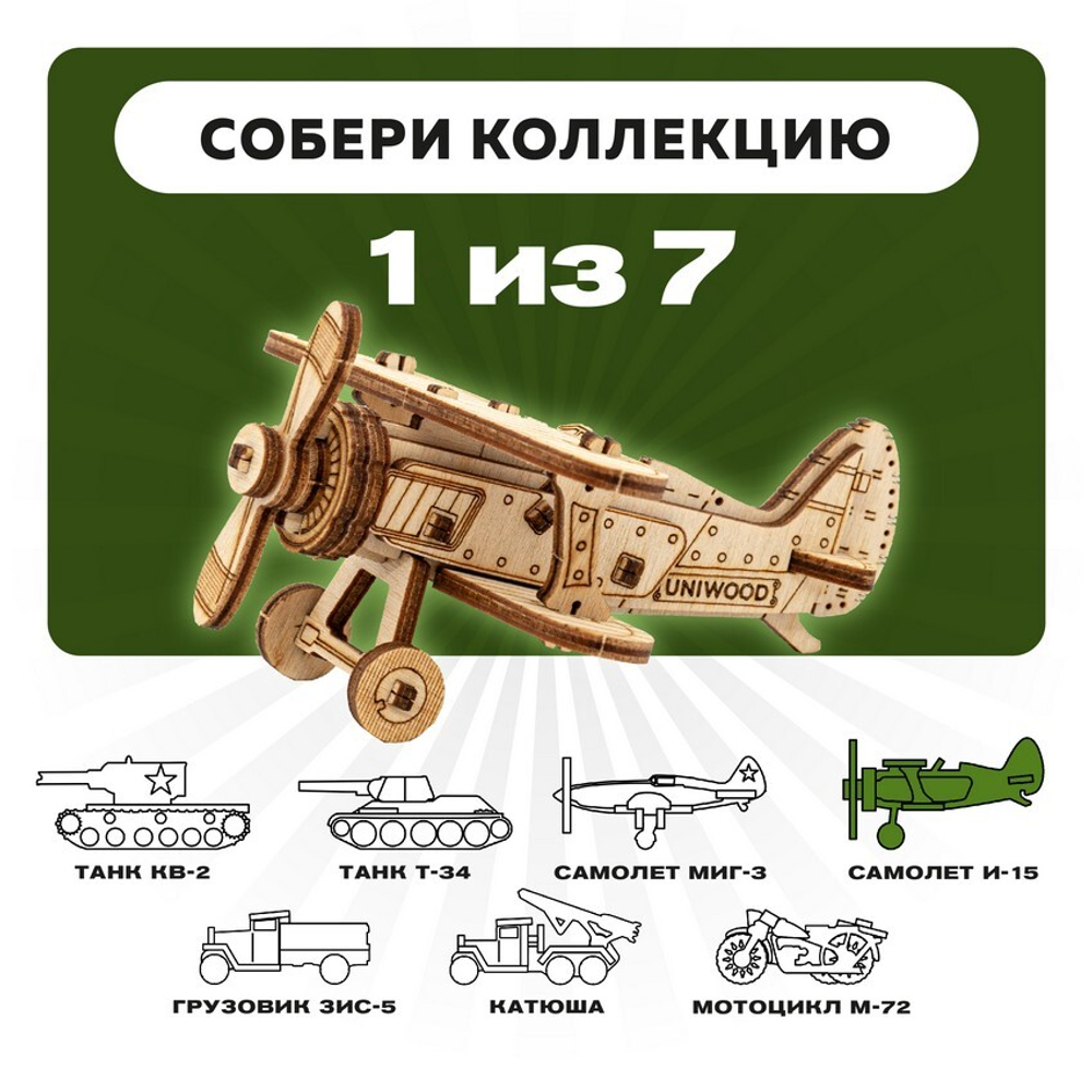 UNIT "Самолет И-15" с дополненной реальностью. Купить деревянный конструктор. Выбрать открытку-конструктор. Миниатюрная сборная модель.