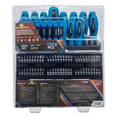 Набор отверток и бит 100пр, на пластиковом стенде KINGTUL KT-10100