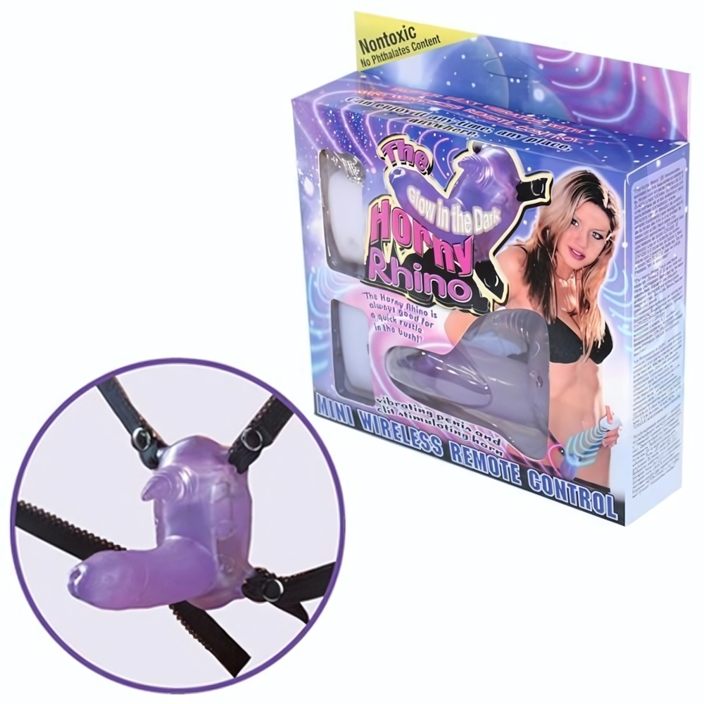 Фиолетовый вибростимулятор в виде рога носорога на регулируемых трусиках и с пультом ДУ (Цвет: фиолетовый)
