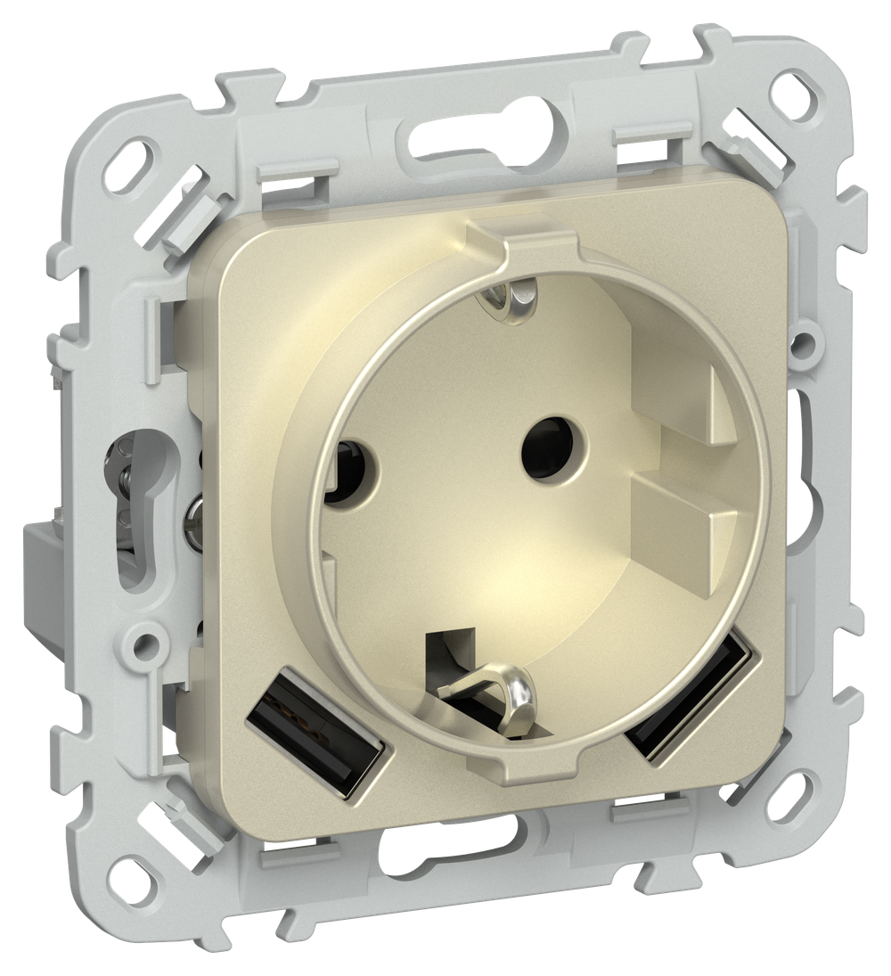 FLITE Розетка 1-местная с заземлением с защитными шторками 16А с USB A+A 3,1А безвинтовое крепление РСЮша11-1-ФлШ шампань IEK