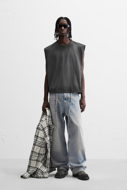 ZARA ФУТБОЛКА ИЗ ТКАНИ С ЭФФЕКТОМ ПОТЕРТОСТИ БЕЗ РУКАВОВ, ТЕМНЫЙ АНТРАЦИТ