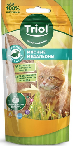 Triol, Лакомство для кошек, Мясные медальоны из кролика с треской, 40 гр.