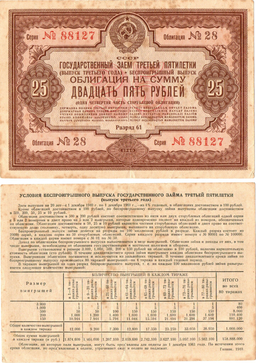 Облигация 25 рублей 1940 год. Заем 3-ей пятилетки. Серия № 88127