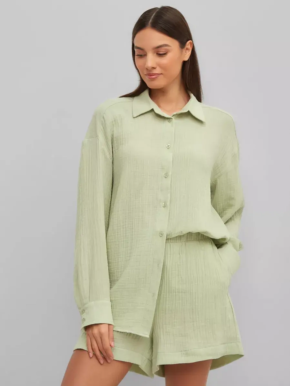 Костюм - пижама с шортами из муслина домашний оверсайз