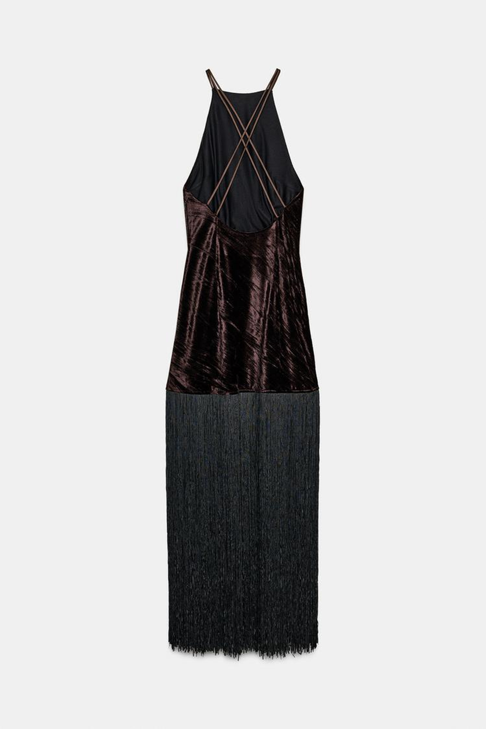 ZARA БАРХАТНОЕ ПЛАТЬЕ МИДИ С БАХРОМОЙ, КОРИЧНЕВЫЙ