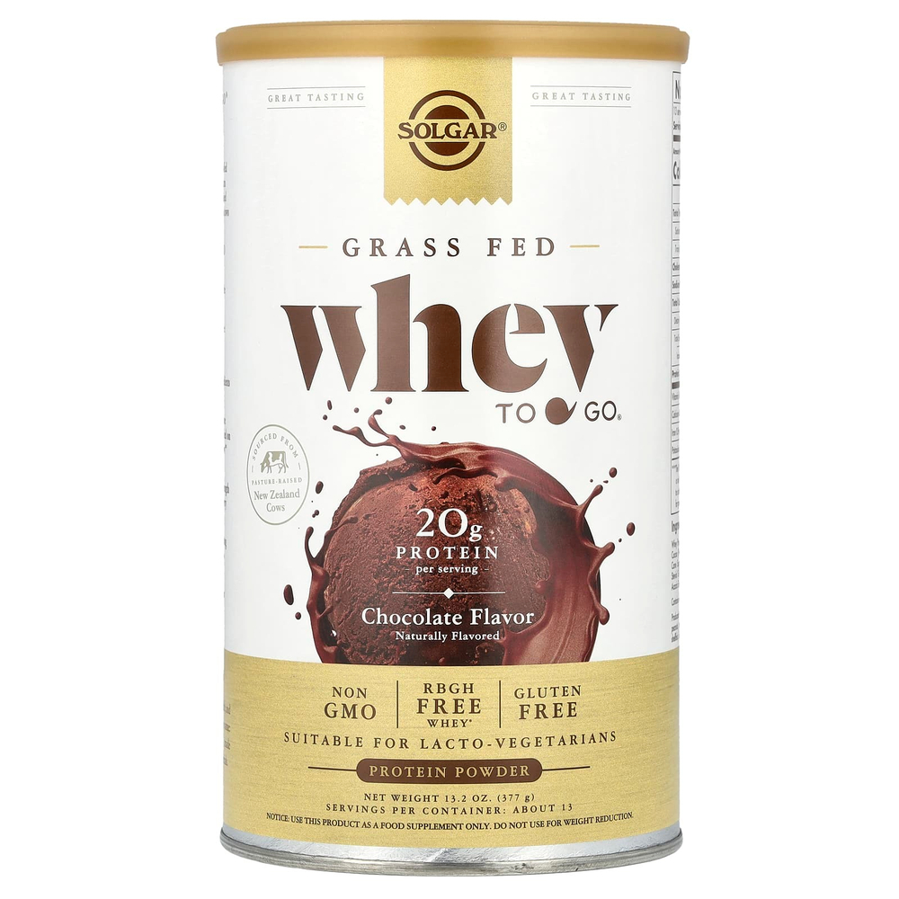 Solgar, Whey To Go®, сывороточный протеин от коров травяного откорма, в порошке, с шоколадным вкусом, 377 г (13,2 унции)