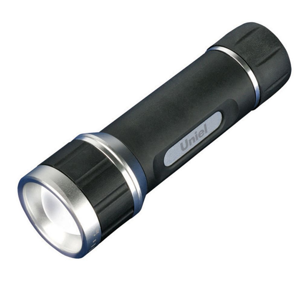 S-LD022-C Black Фонарь Uniel серии Стандарт «Focus Solid Grip», прорезиненный корпус, 1W LED, упаковка — кламшелл, 3хААА н/к, цвет черный