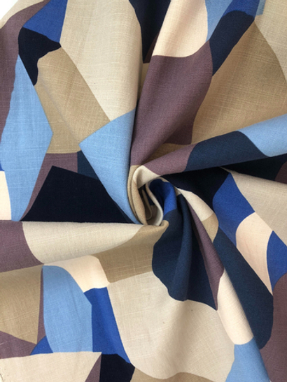 Плательная лен принт геометрия голубой, коричневый на бежевом BST3457