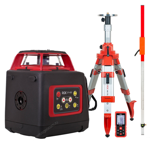 Комплект: ротационный нивелир RGK SP-400 с калибровкой + элевационный штатив RGK SH-170 + рейка RGK LR-2 + дальномер RGK DL100