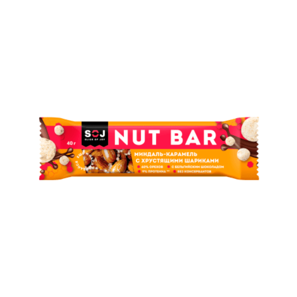 Батончик ореховый "NUT BAR" МИНДАЛЬ-КАРАМЕЛЬ с ирисо-сливочным вкусом с хрустящими шариками 40г