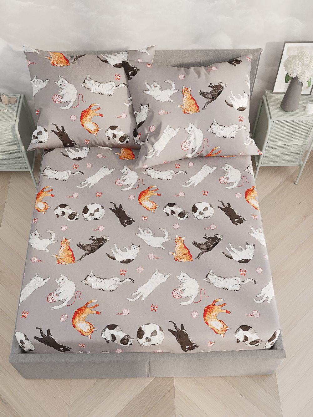 Постельное белье сатин Milky Garden "Kitties" евро Наволочка 70х70 см 2 шт Простынь 240x215 см Пододеяльник 200x215 см