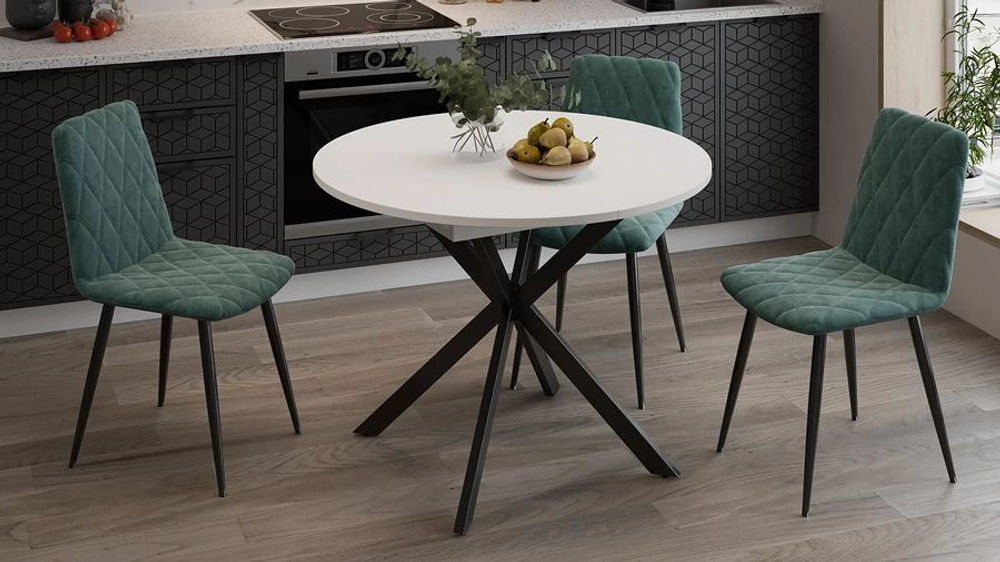 Стол кухонный обеденный круглый раздвижной Белый/Чёрный Муар, Мэдисон, 100,1х100х75 см