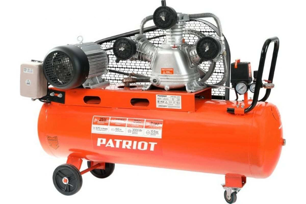 Компрессор Patriot поршневой ременной PTR 100-670, 670 л/мин, 10 бар, 3000 Вт, 100 л, быстросъемный 1/4" + "елочка", 380В¶