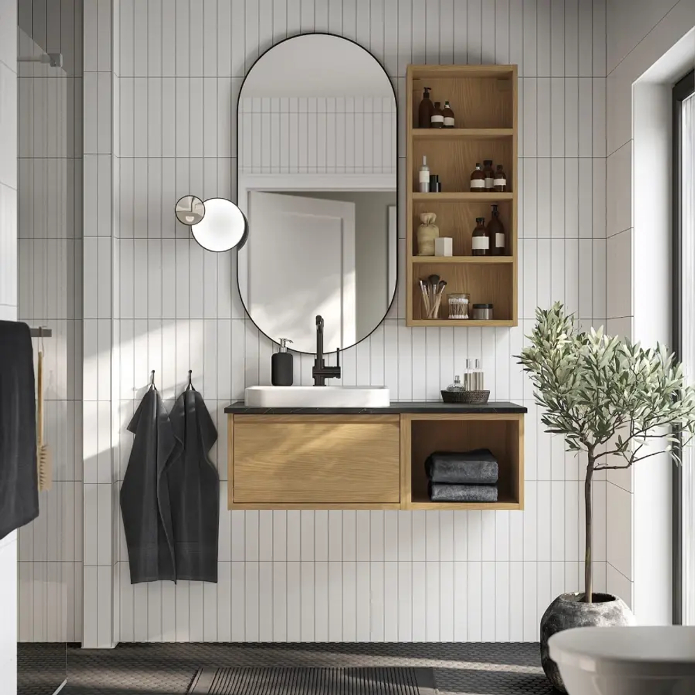 Тумба для раковины - ÄNGSJÖN / BACKSJÖN/АNGSJОN / BACKSJОN  IKEA/ ЭНГСЬЕН / БЭКСЬЕН ИКЕА,  102х49х41  см,  черный/ под беленый дуб