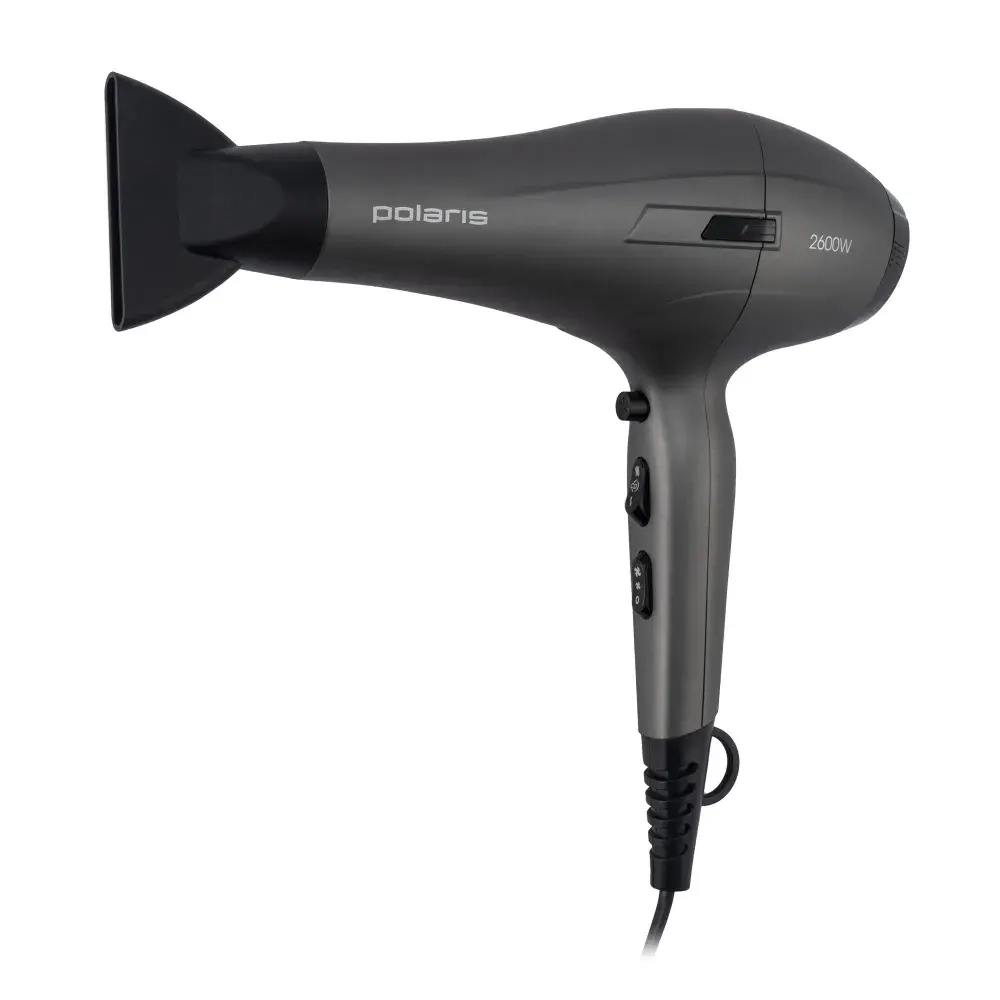 Фен для волос Polaris PHD 2600ACi Salon Hair с насадками концентратор и диффузор, серый