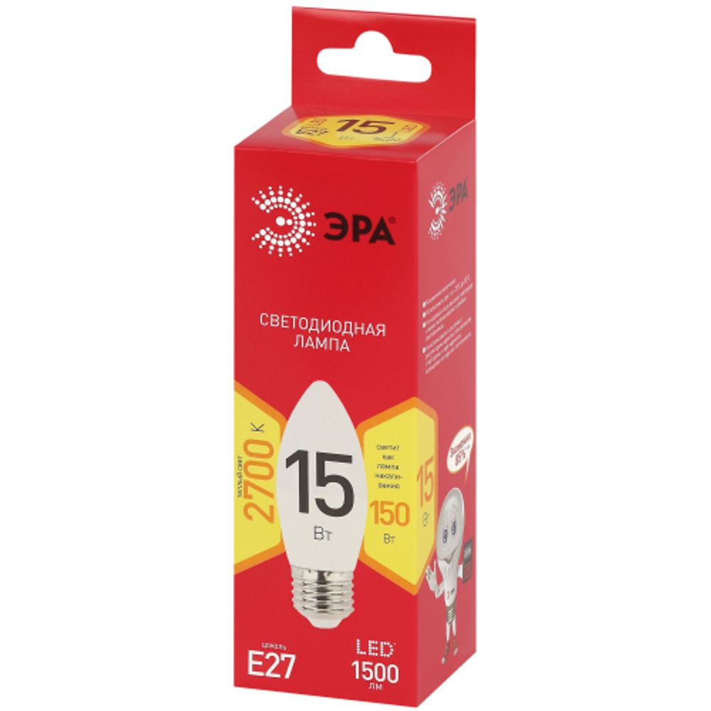 Лампа светодиодная ЭРА RED LINE LED B35-15W-827-E27 R 15Вт свеча теплый белый свет Е27 | Лампы cветодиодные Свеча (B/C)
