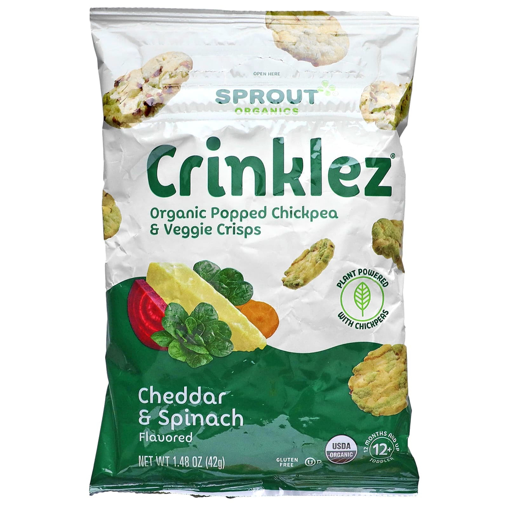 Sprout Organics, Crinklez®, органические чипсы из нута и овощей, для детей от 12 месяцев и старше, чеддер и шпинат, 42 г (1,48 унции)