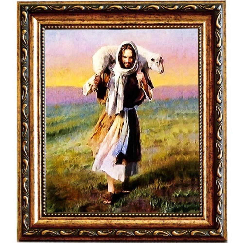 Спасение заблудшей овцы. Икона Иисуса Христа на холсте.