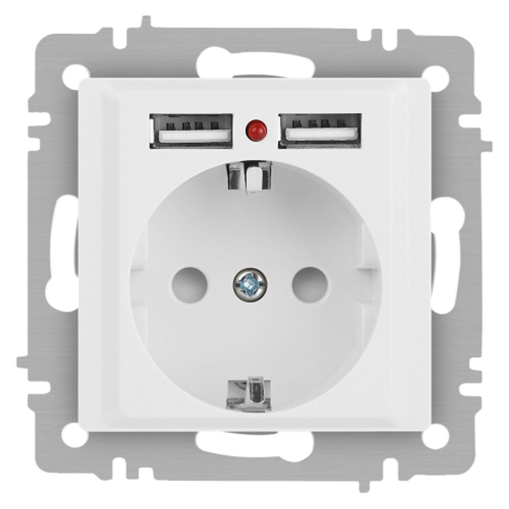 Розетка Intro Accent 6-410-01М , P+E Schuko со шторками, 16А-250В + 2хUSB, IP20, СУ, белый матовый | Intro